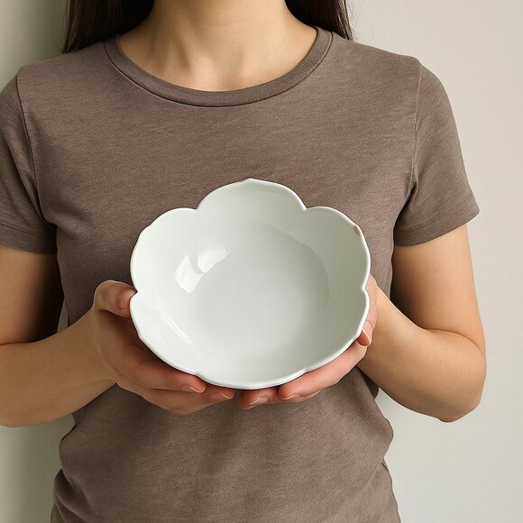 White Ceramic Flower Bowl | Scalloped Edge Dish | Minimalist Decor - Picture 1 of 5